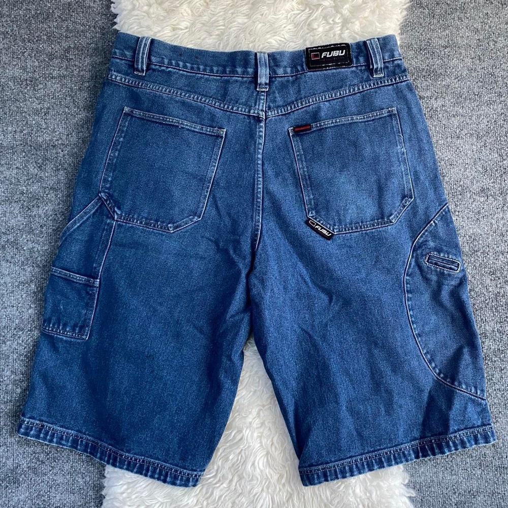 FUBU JEANS MENS BLUE DENIM JORTS DARK WASH JEAN SHORTS Y2K VINTAGE STYLE HIP HOP